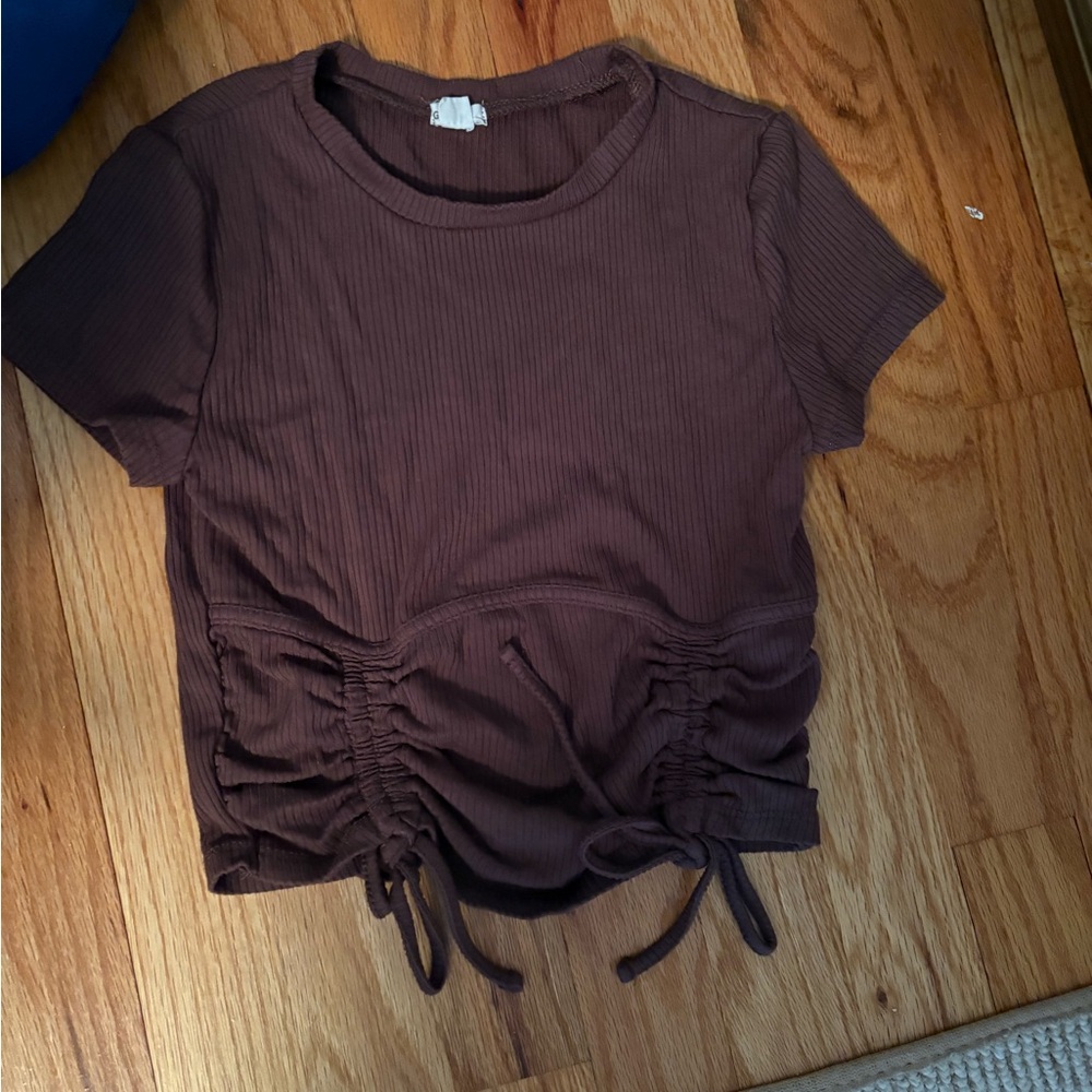 Garage Brown Short Sleeve Ruched Tie Front Tee